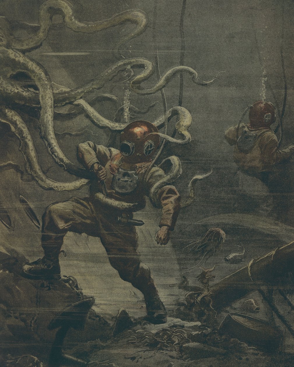 Dykare som attackeras av jättebläckfisk under dyket, av Achille Beltrame, illustration, illustratör Achille Beltrame (1871-1945), från La Domenica del Corriere, 25 oktober 1908 av Achille Beltrame