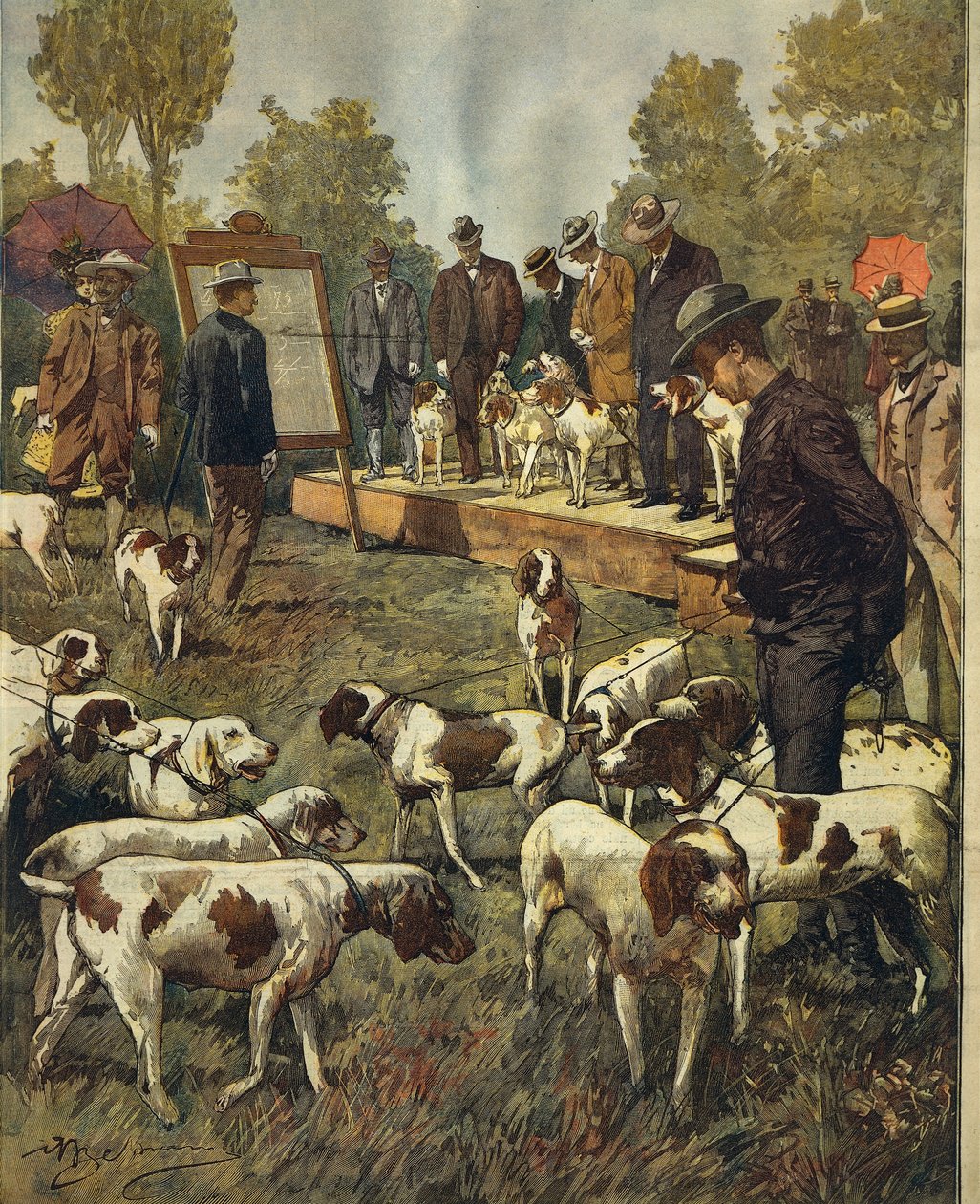 Hundutställning och fältförsök med jakthundar i San Siro (Milano), av Achille Beltrame (1871-1945), från La Domenica del Corriere, 2 juli 1899 av Achille Beltrame