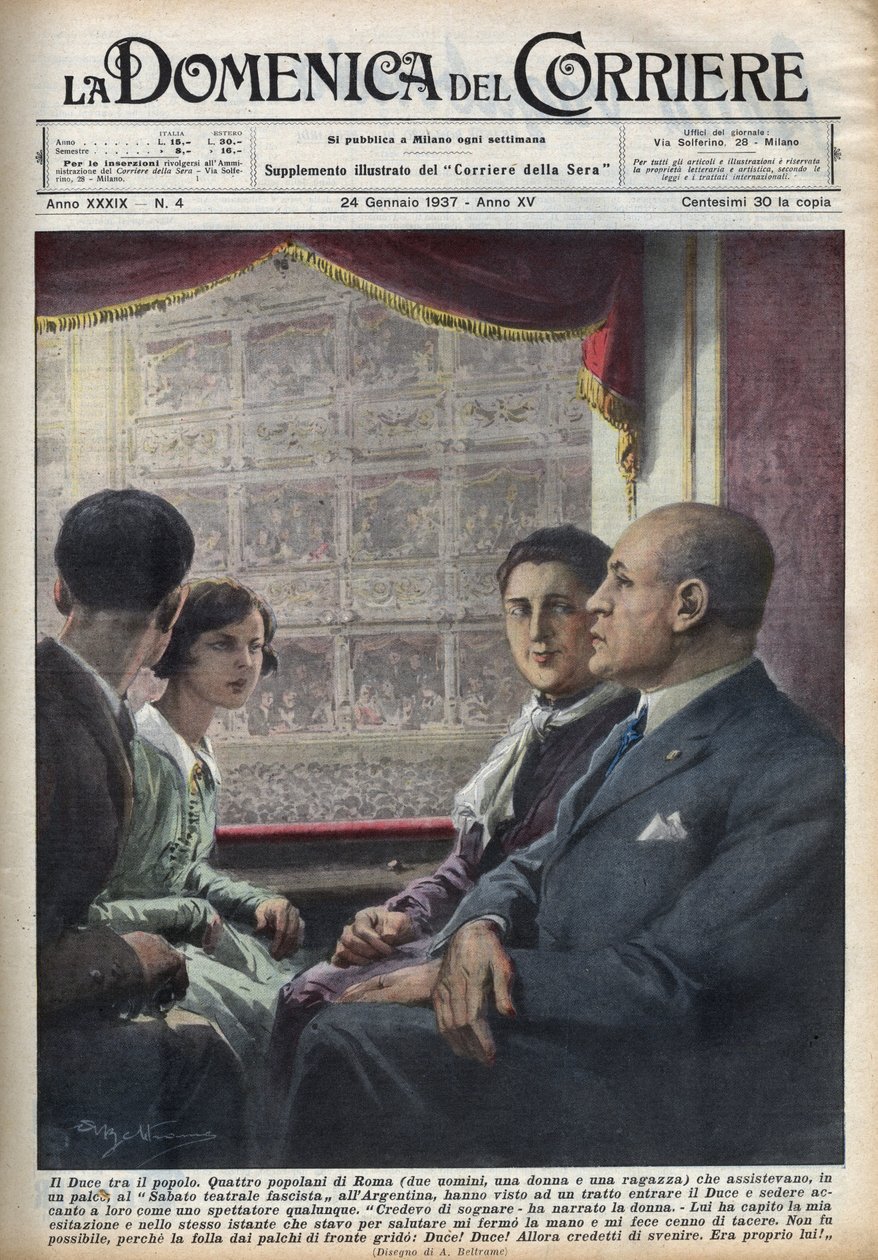 Duce Benito Mussolini, chef för den fascistiska regeringen, som kom för att se en föreställning på "Teatro Argentina" i Rom, slår sig ner mellan italienska åskådare, som står honom så nära. Illustration av Achille Beltrame i "" La domenica del corriere"" 2 av Achille Beltrame