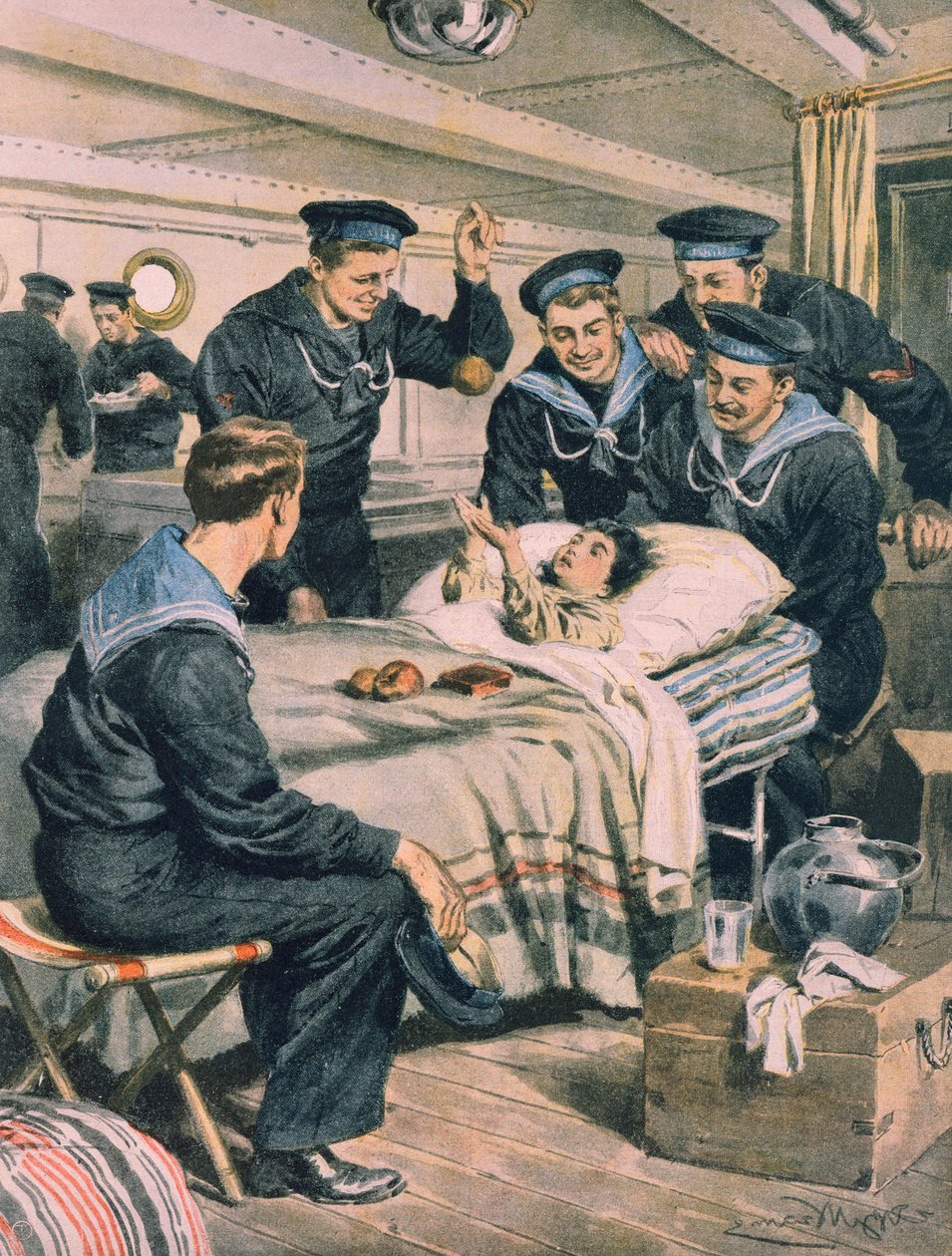 Jordbävning i Messina, barn som räddas av flottan från ruiner och transporteras med fartyg, av Achille Beltrame, illustration, illustratör Achille Beltrame (1871-1945), från La Domenica del Corriere, 28 december 1908 av Achille Beltrame
