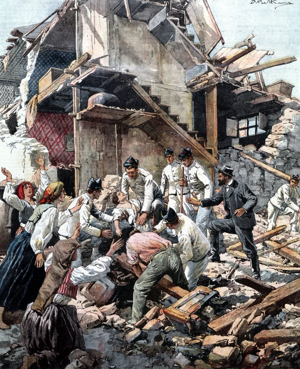 Jordbävning i Reggio (Kalabrien) den 28/12/1908. Soldater letar i spillrorna efter jordbävningens offer. Illustration av Beltrame. av Achille Beltrame