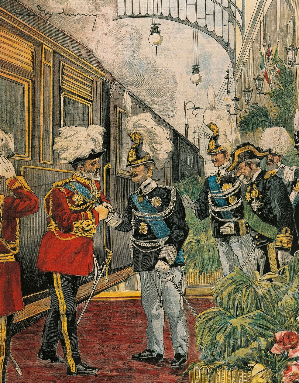 Edward VII, kung av England, anländer till Rom, av Achille Beltrame, illustration, illustratör Achille Beltrame (1871-1945), från La Domenica del Corriere av Achille Beltrame