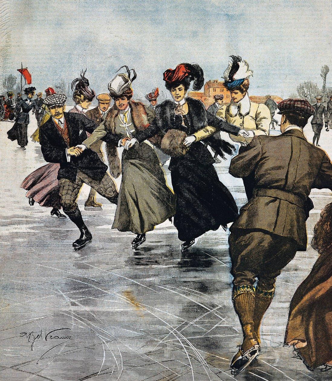 En vogue tidsfördriv, skridskoåkning, illustration av Achille Beltrame (1871-1945), från La Domenica del Corriere, 27 januari av Achille Beltrame