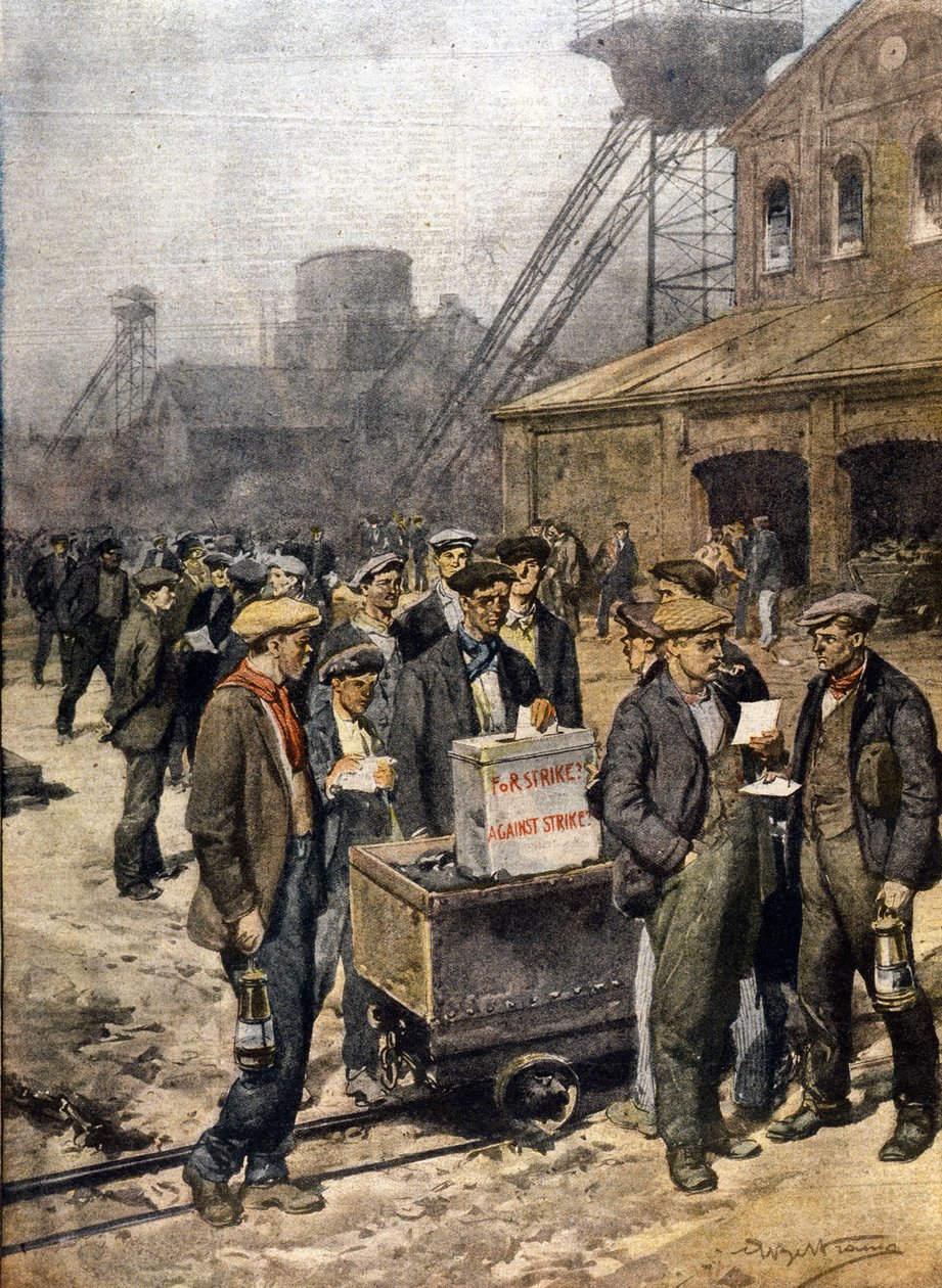 Engelska gruvarbetares strejker. Illustration av Achille Beltrame. "Kurirens söndag" " av Achille Beltrame