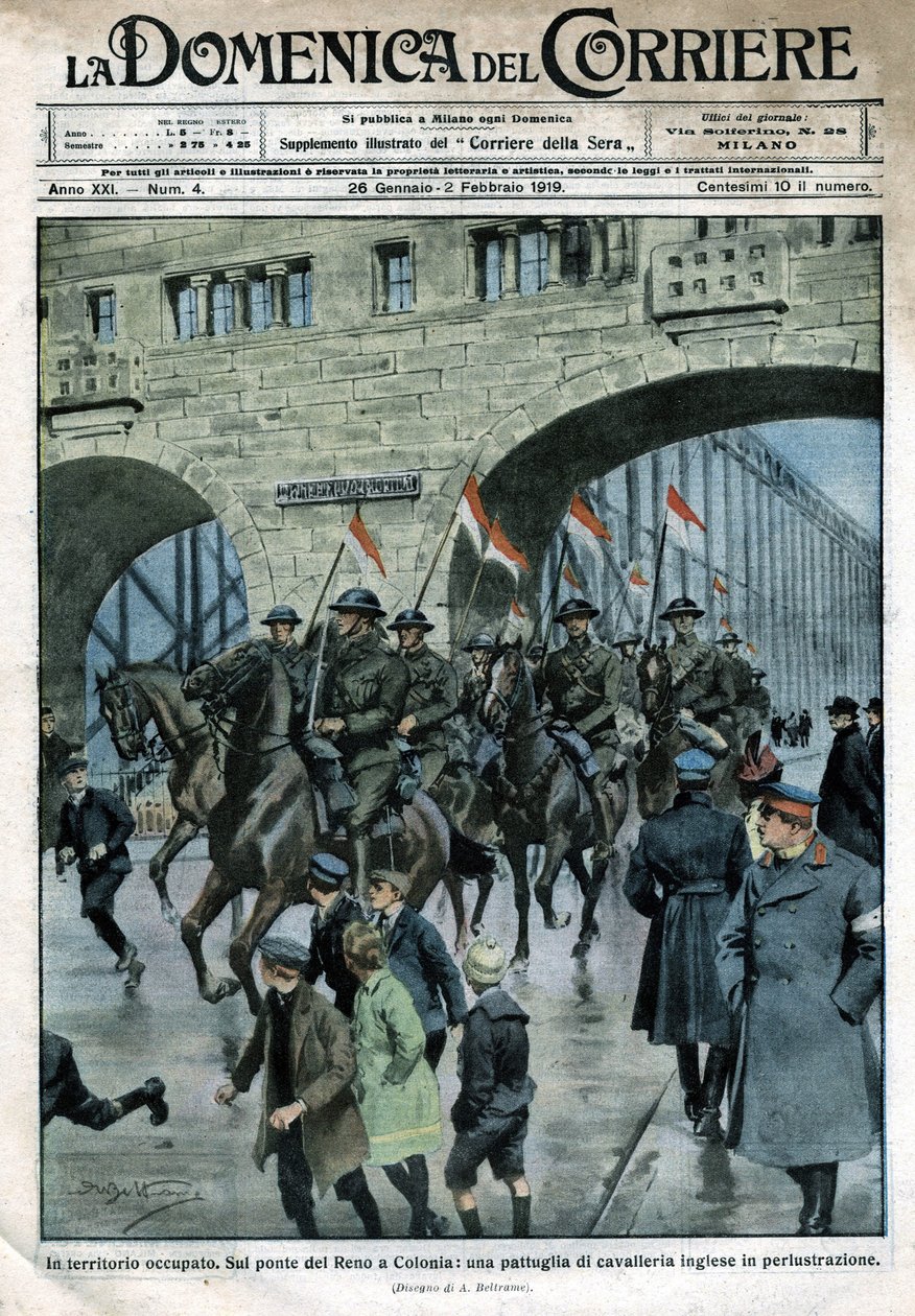 Engelsk närvaro i Tyskland: militära trupper på en Rhenbro i Köln. Illustration av Beltrame. La Domenica del Corriere. 01/1919. av Achille Beltrame