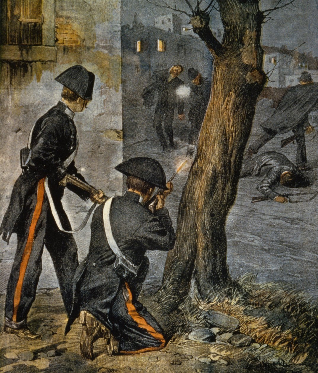 Avsnitt av Sicilian Mafia, konflikt mellan polis och gangsters i Trapani från La Domenica del Corriere, 31 december av Achille Beltrame