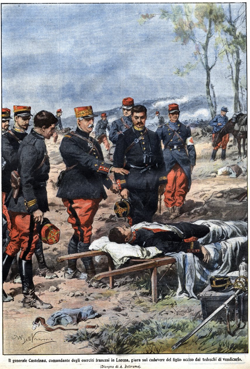 Avsnitt av kriget 1914: General Noel Edouard de Curieres de Castelnau (1851-1944), befälhavare för den franska armén i Lorraine, svär på sin döde sons kropp att hämnas honom. Illustration av Achille Beltrame i "" La Domenica del Corriere"" av Achille Beltrame