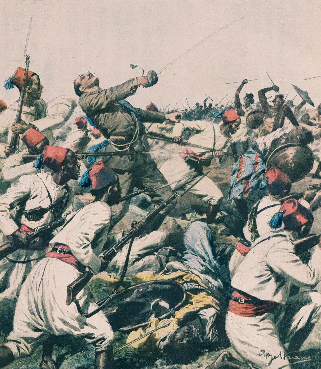 Etiopisk attack mot Lugh garnison och dödande av kapten Bongiovanni, av Achille Beltrame, illustration, Achille Beltrame (1871-1945), från La Domenica del Corriere av Achille Beltrame
