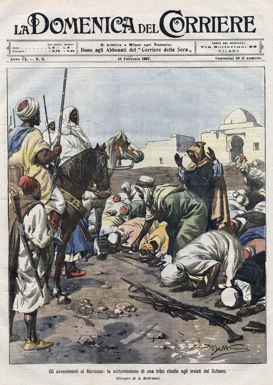 Händelser i Marocko: en rebellstam överlämnar sig till sultanens representanter. Illustration av Beltrame. La Domenica del Corriere av Achille Beltrame