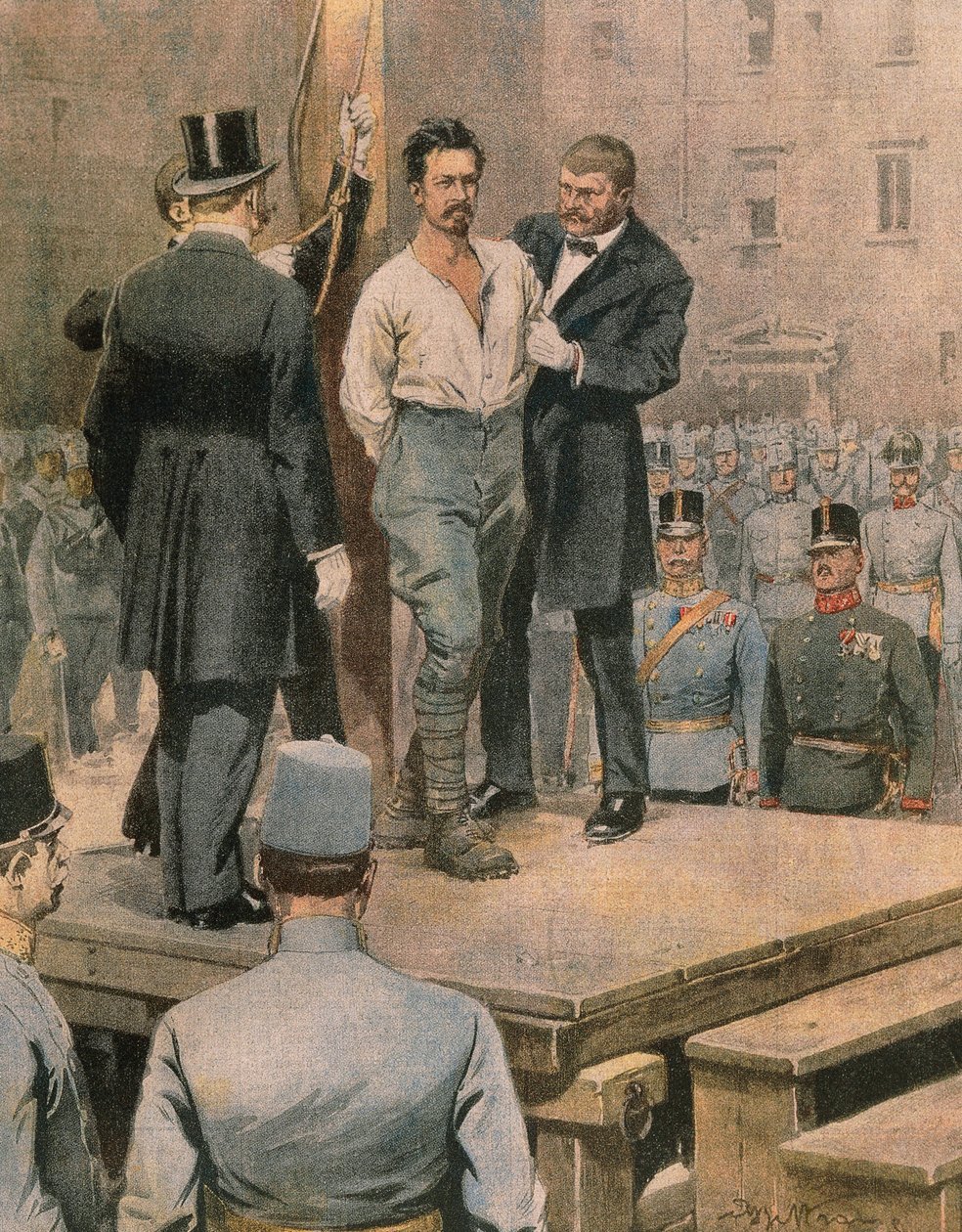 Avrättning av Cesare Battisti i Trento, av Achille Beltrame, illustration, illustratör Achille Beltrame (1871-1945), från La Domenica del Corriere, juli 1916 av Achille Beltrame