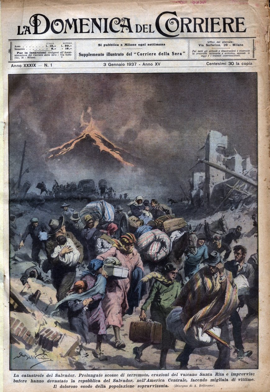 Utvandring av befolkningen i El Salvador efter jordbävningen och vulkanutbrotten i Santa Rita. Illustration av Achille Beltrame i "" La domenica del corriere"" 1937-01-03. av Achille Beltrame