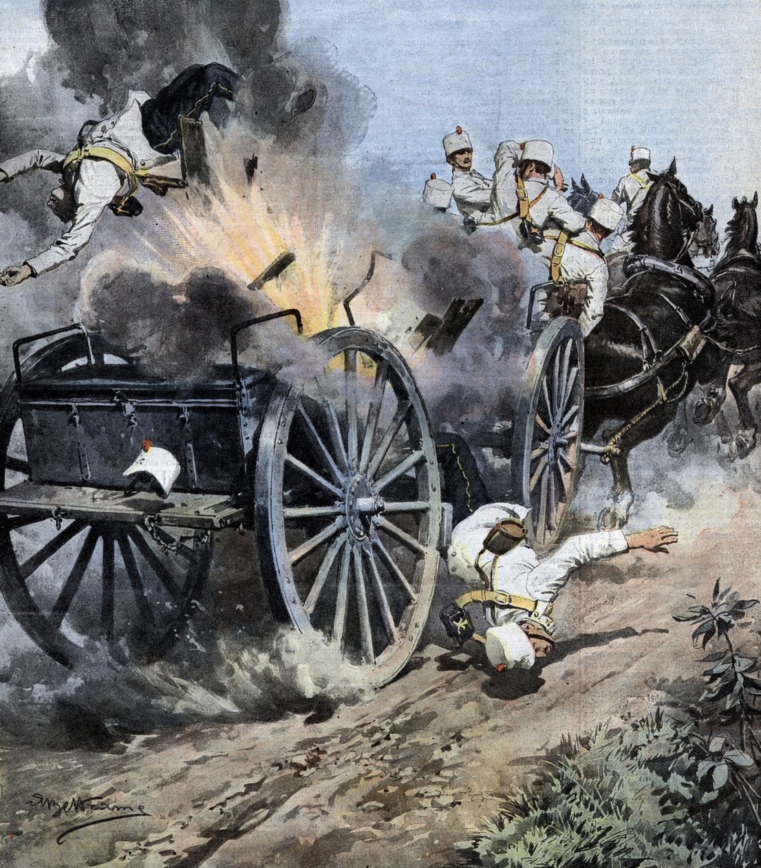 Explosion av en artillerilåda nära Capannori i Lucca-regionen under flyttningen av det 7:e regementet av artilleri av den italienska Armeen. Ill. de Beltrame. La Domenica del Corriere. 08/1909. av Achille Beltrame