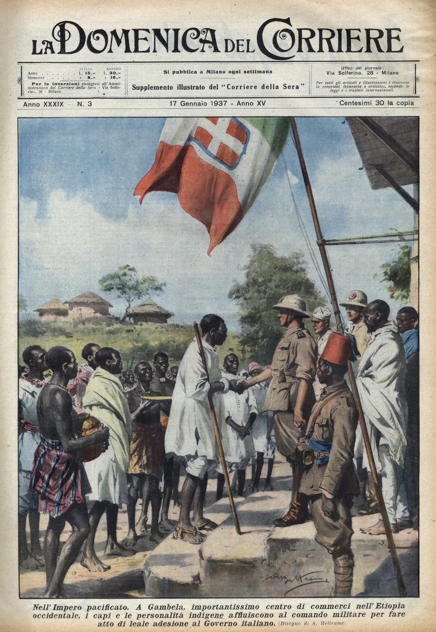 Fascism 1937: Möten i Gambela, handelscentrum för det etiopiska imperiet, för inhemska hövdingar och personligheter för att göra en anslutning till den italienska regeringen. Illustration av Achille Beltrame i "" La domenica del corriere"" 17/01/19 av Achille Beltrame