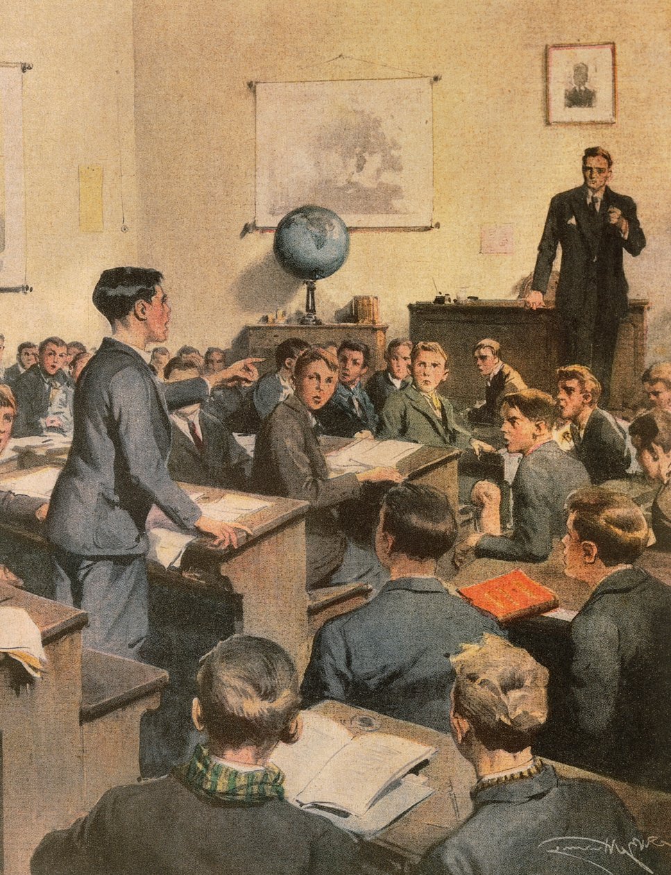 Bekämpning av analfabetism, barn i skolan, av Achille Beltrame, illustration, Illustratör Achille Beltrame (1871-1945), från La Domenica del Corriere av Achille Beltrame