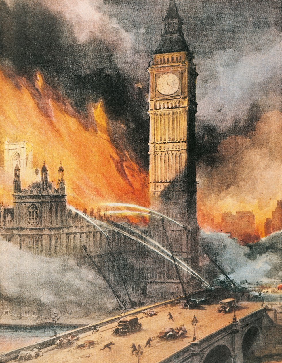 Brand på Westminster Palace, London, efter tysk bombning, illustration från "The Sunday Courier" av Achille Beltrame