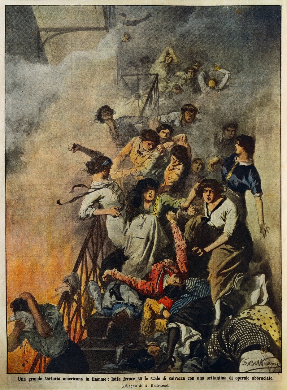 Brand i stor amerikansk textilfabrik: arbetare i trapphus, illustration av Achille Beltrame (1871-1945), från La Domenica del Corriere, 10 augusti av Achille Beltrame