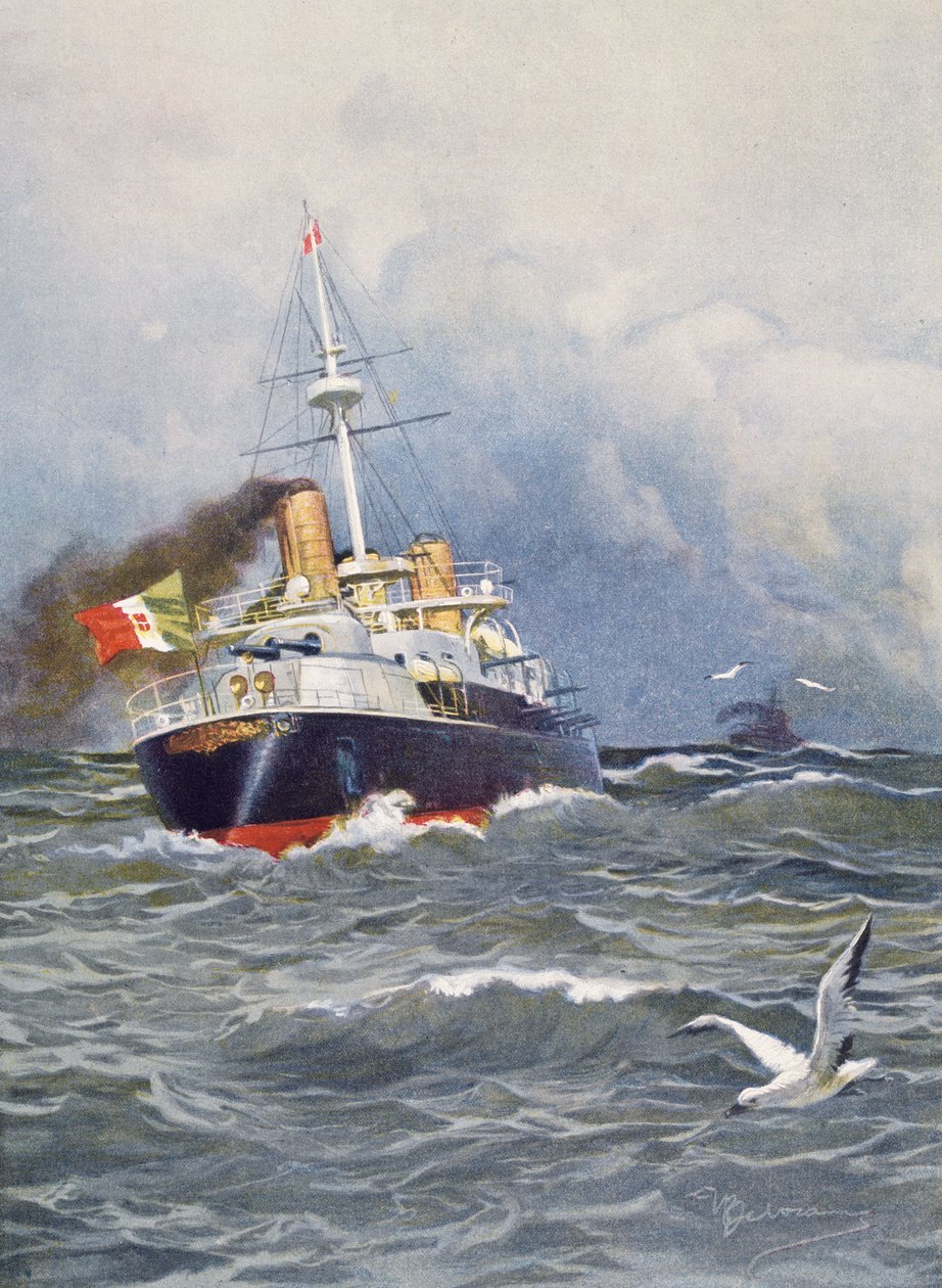 Förstklassigt slagskepp Re Umberto, illustration av Achille Beltrame (1871-1945) från veckotidningen L