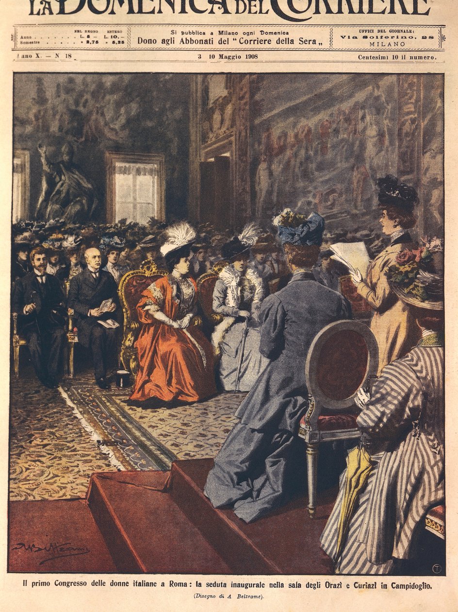 Första italienska kvinnokongressen på Capitol, Rom, illustration av Achille Beltrame från La Domenica del Corriere, 3 maj av Achille Beltrame