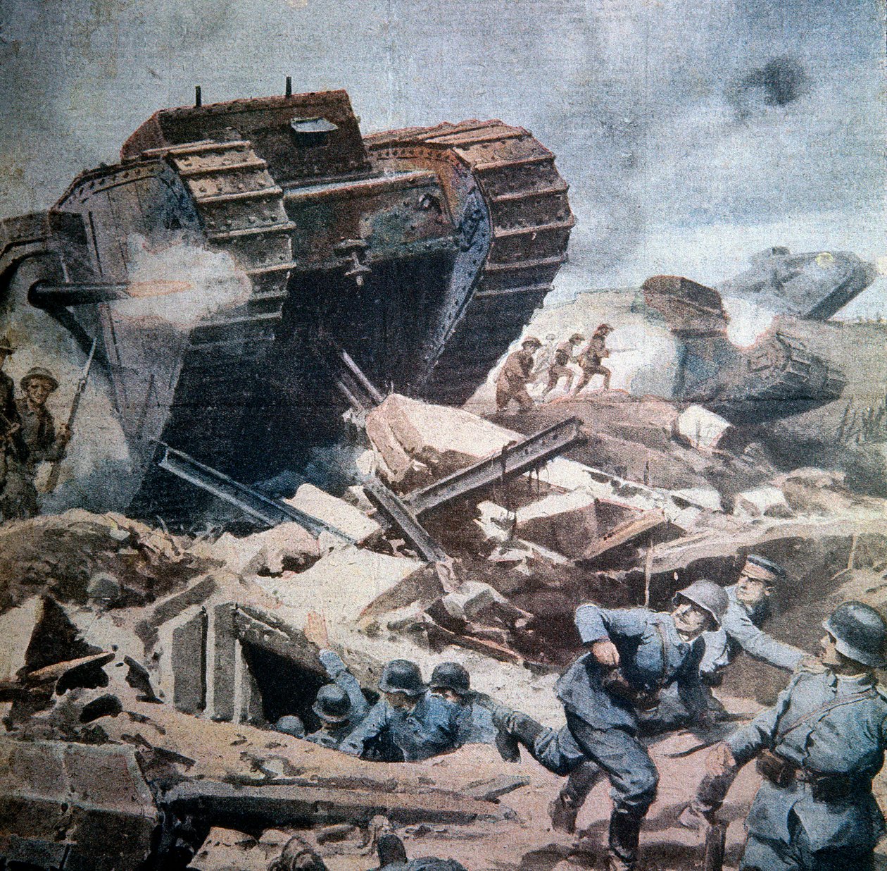 Första världskriget (1914-1918): "" Assaults of English tanks in Picardie"" Illustration av Achilles beltrame från La Domenica del Corriere 1916 av Achille Beltrame