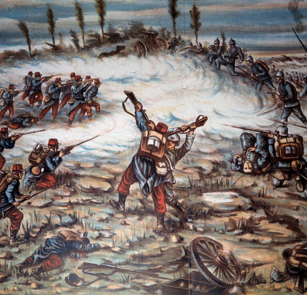 Första världskriget (1914-1918): ett slag mellan de franska och tyska väpnade styrkorna mellan Altkirch och Mulhouse den 21 augusti 1914. Illustration av Achille Beltrame (1871-1945). Privat samling av Achille Beltrame