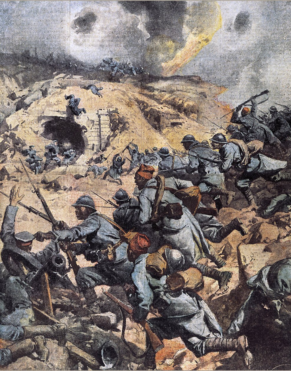 Första världskriget: "kolonialtrupperna (marockanska infanteriregementet, senegalesiska tirailleurs) stormar fortet Douaumont nära Verdun, ockuperat av den tyska armén och avslutade slaget vid Verdun, 1916-10-24" (WWI: Fort Douaumont återerövrat av tre inf av Achille Beltrame