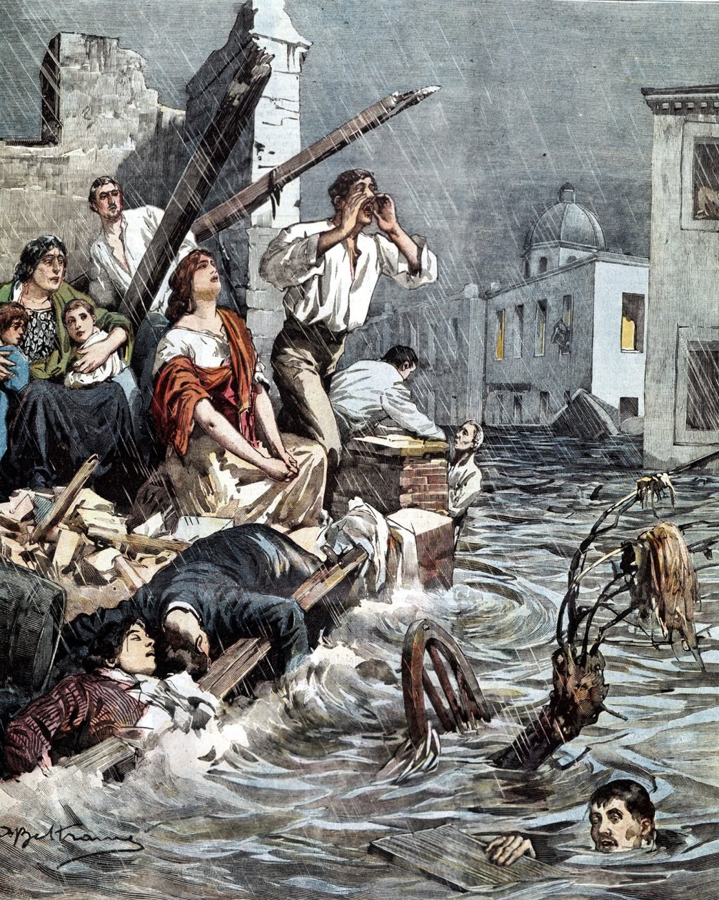 Översvämning av Modica (Sicilien) 1901. La Domenica del Corriere. Ill. de Beltrame av Achille Beltrame