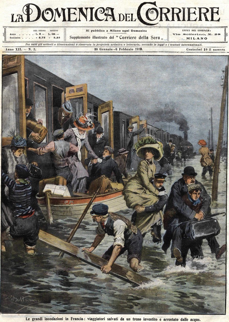 Översvämningar runt Paris i januari 1910 omslaget till "Domenica del corriere"" den 6 februari av Achille Beltrame