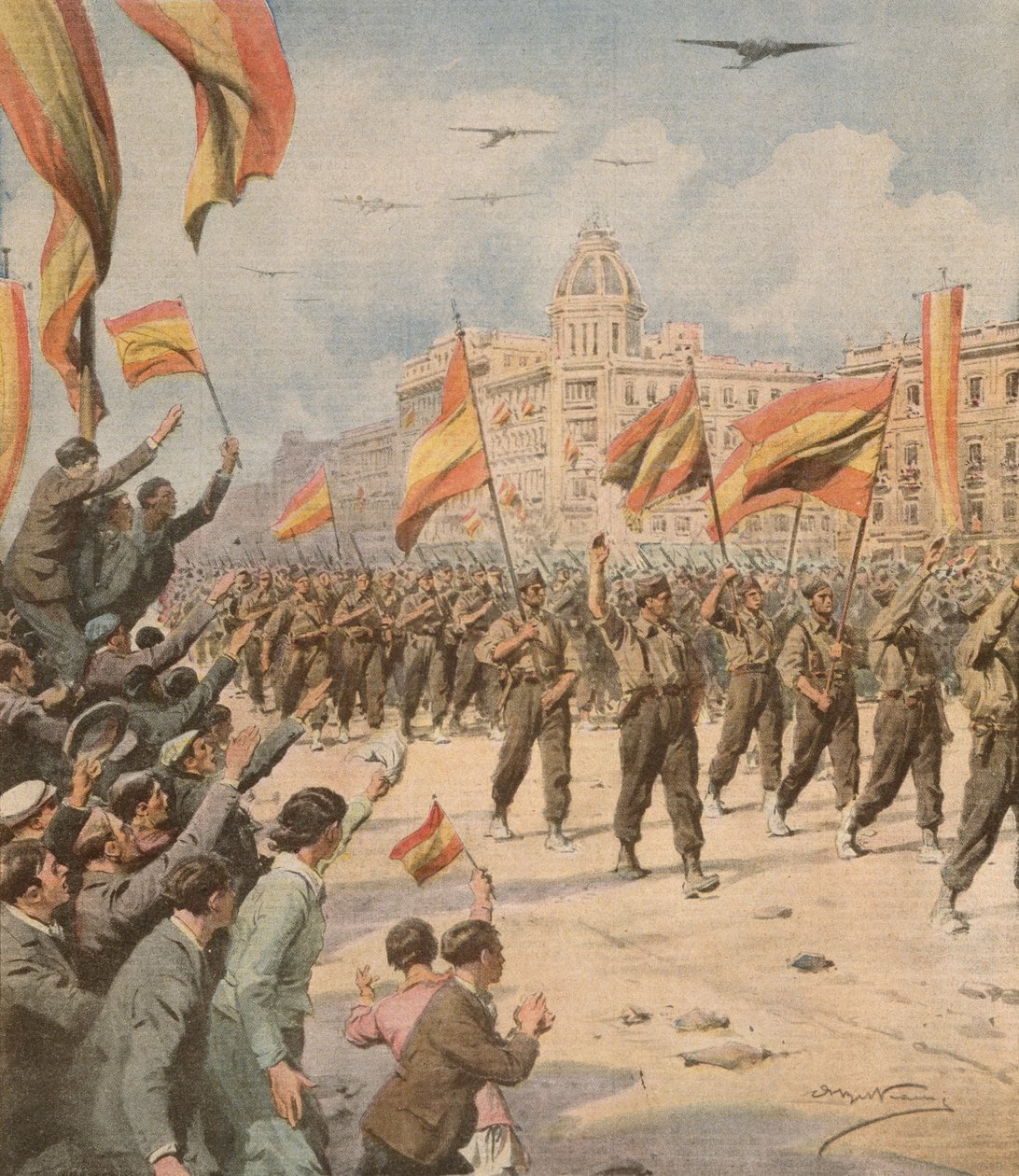 Francos Spanien går in i Madrid med sina segerflaggor, Achille Beltrame (1871-1945) från La Domenica del Corriere 2 april. av Achille Beltrame