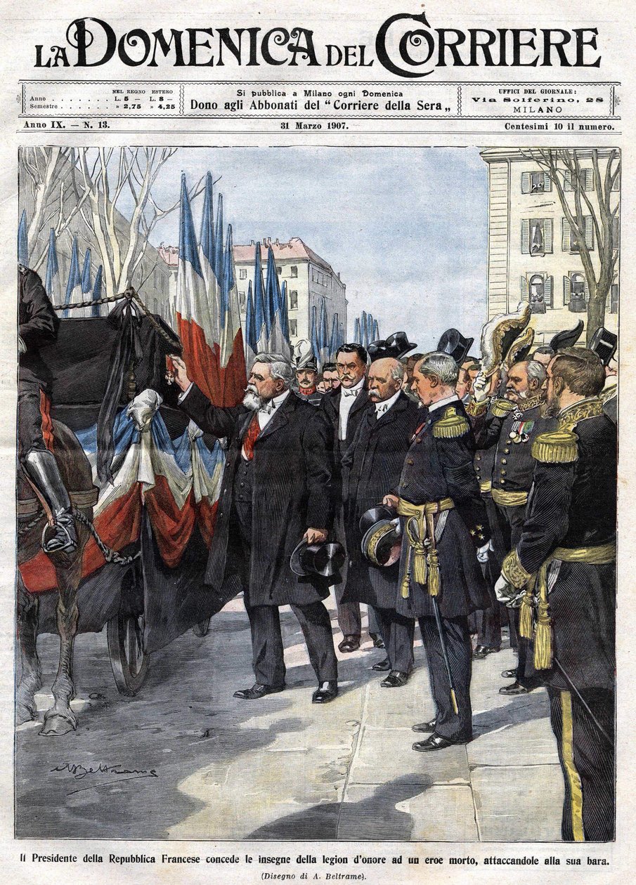 Frankrikes president Armand Fallieres (1841 - 1931) överlämnar hederslegionens medalj till en hjälte som dog i strid. Ill. de Beltrame. La Domenica del Corriere. 31/03/1907. av Achille Beltrame