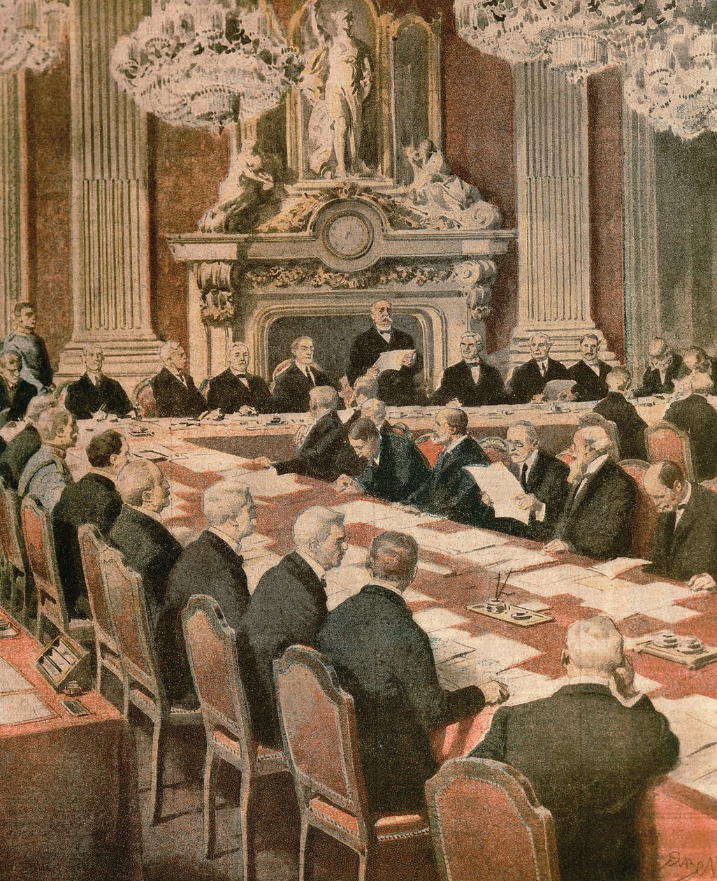 Frankrikes president Georges Clemenceau talar vid fredskonferensen i Paris, av Achille Beltrame, illustration, illustratör Achille Beltrame (1871-1945), från La Domenica del Corriere av Achille Beltrame