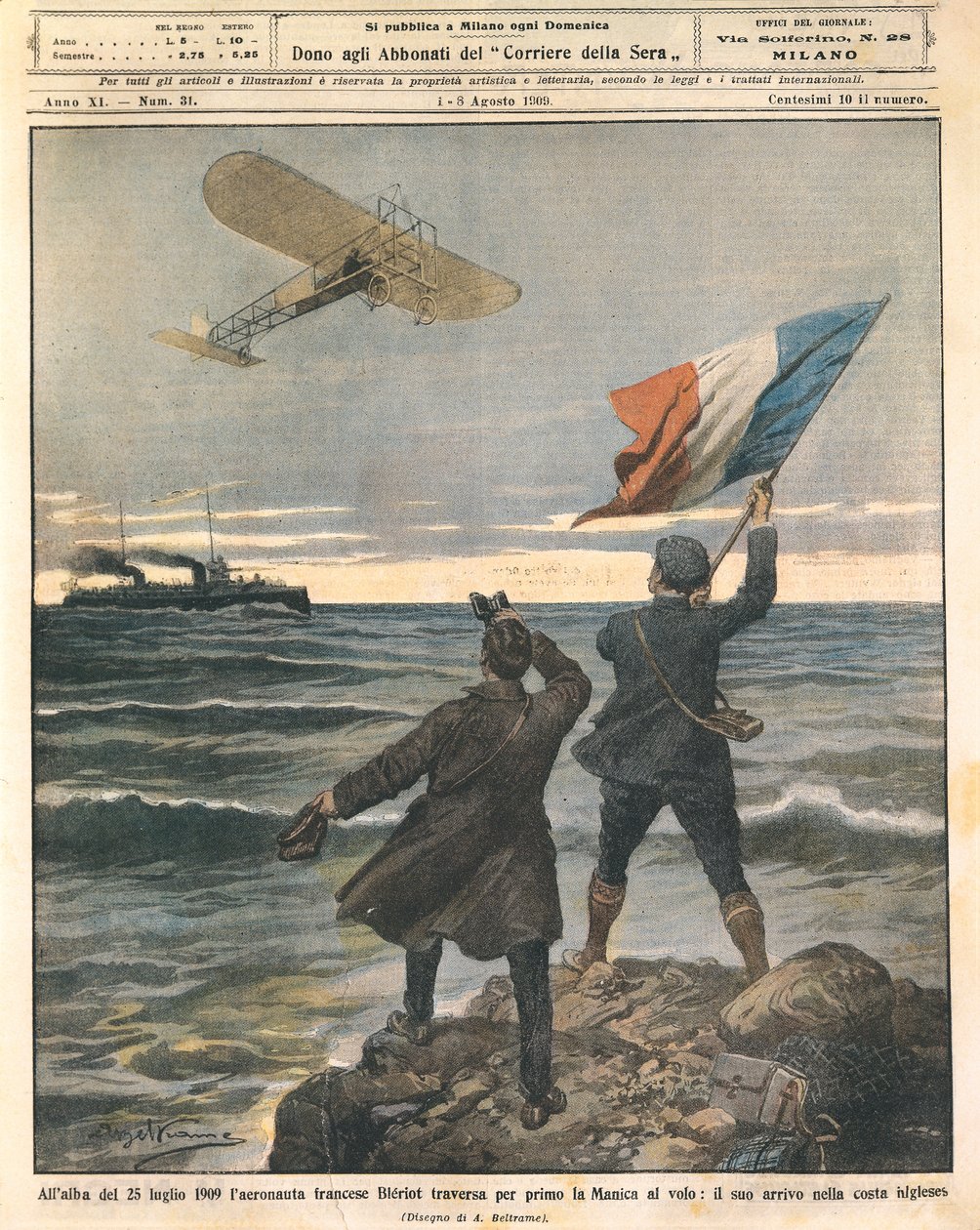 Franske flygaren Louis Bleriot, första person som korsar Engelska kanalen, firande på engelska kusten, 25 juli av Achille Beltrame