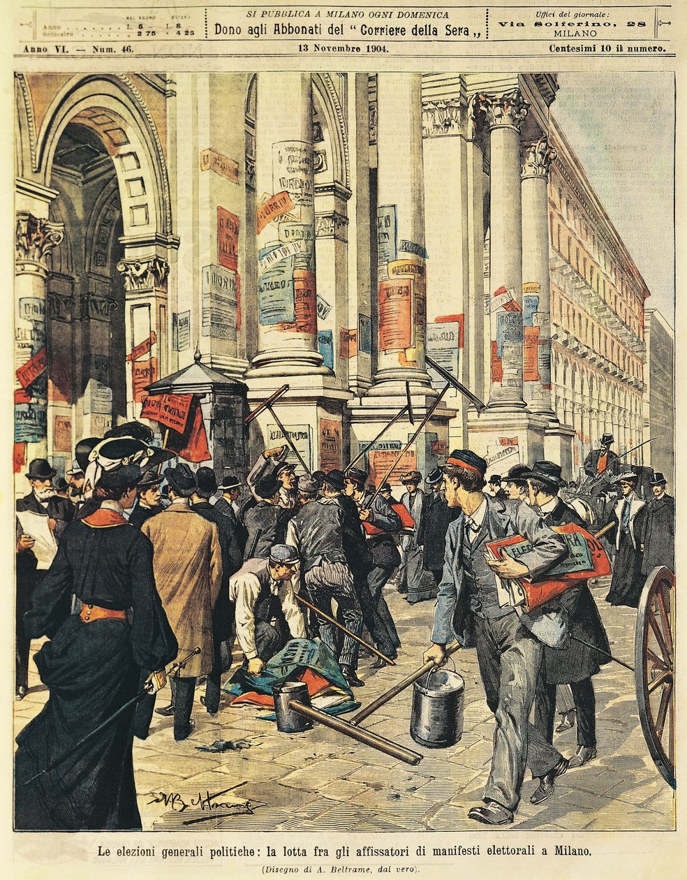 Allmänna val i Milano: konfrontationer mellan människor som hänger upp politiska affischer i Milano, av Achille Beltrame (1871-1945), från La Domenica del Corriere av Achille Beltrame