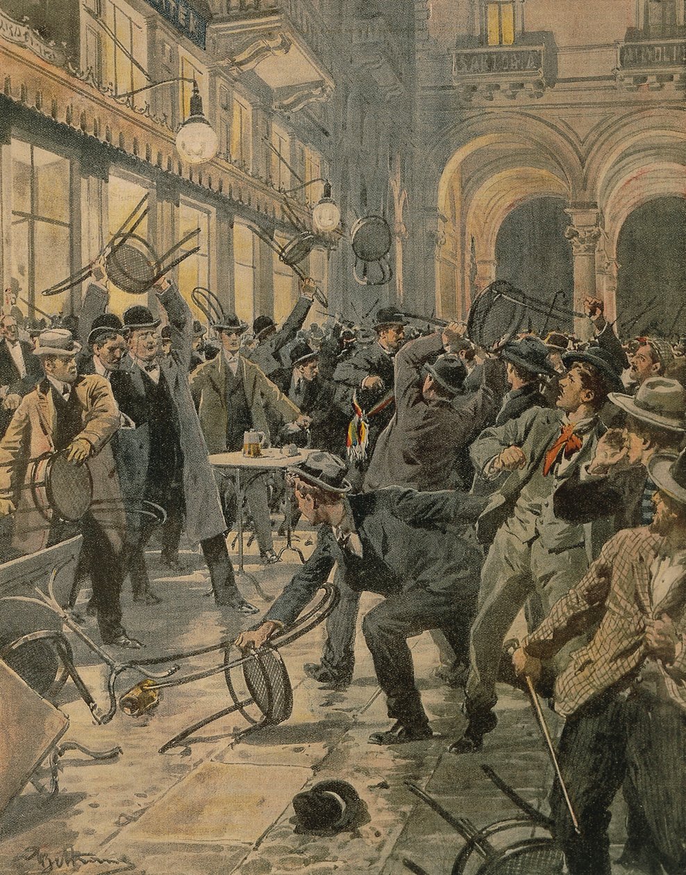 Allmän arbetarstrejk i Milano, upplopp i Galleria Vittorio Emanuele II, av Achille Beltrame, illustration, Illustratör Achille Beltrame (1871-1945), från La Domenica del Corriere av Achille Beltrame