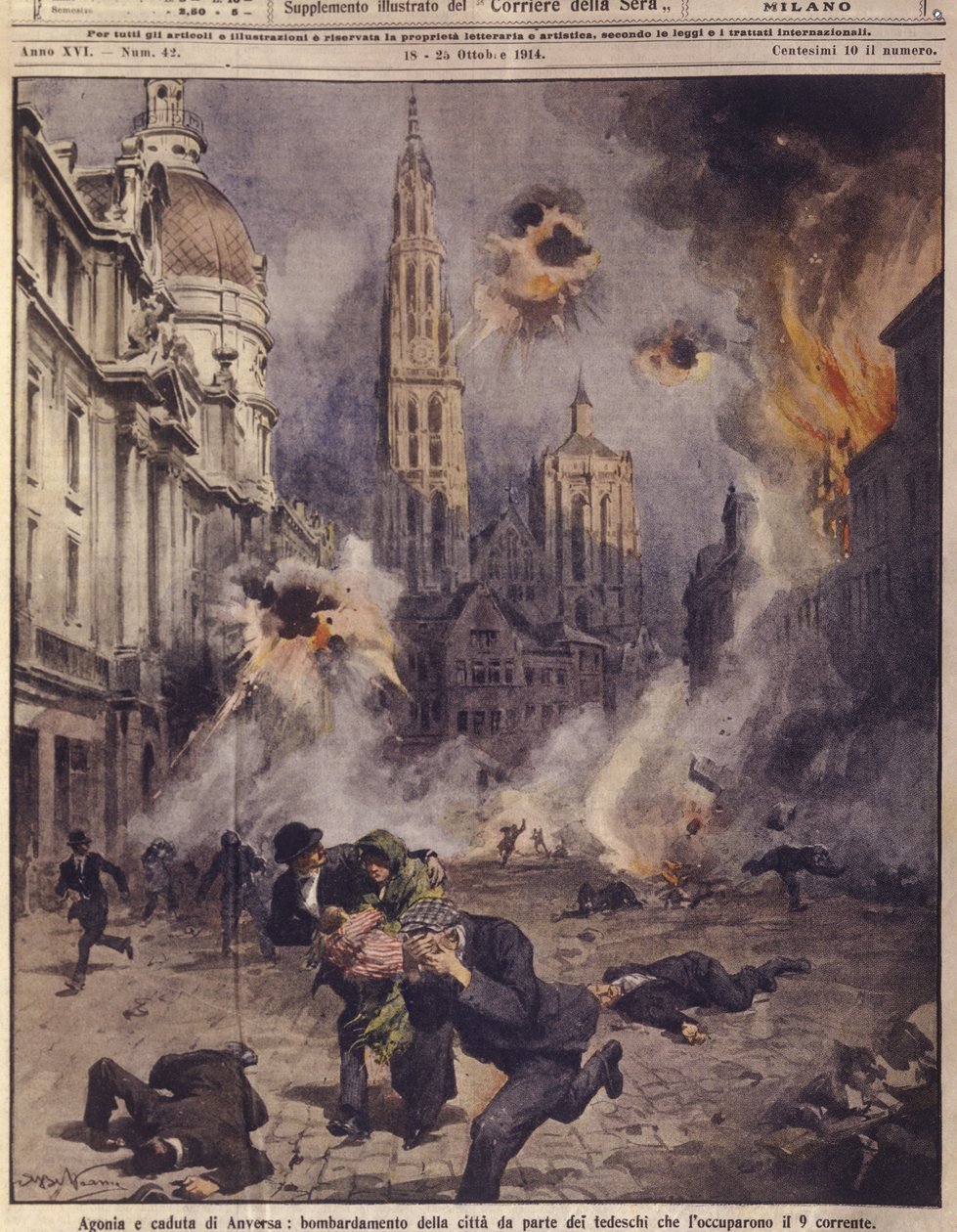 Tyska flygplan bombar Antwerpen. från "La Domenica del Corriere" av Achille Beltrame