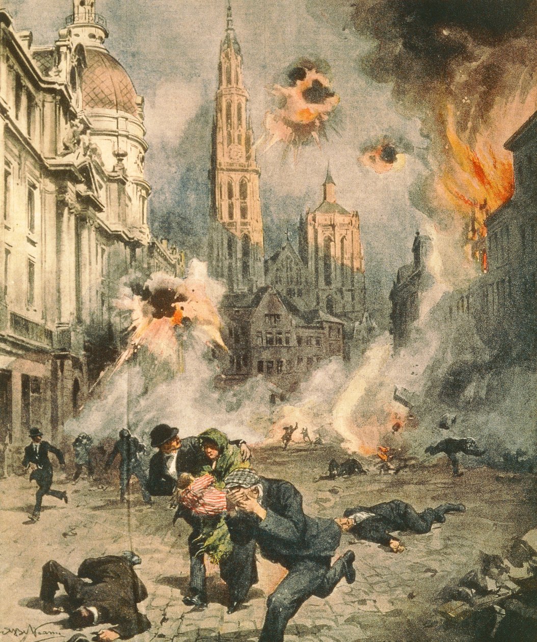 Tyskarna bombar och ockuperar Antwerpen, av Achille Beltrame (1871-1945), illustration från La Domenica del Corriere av Achille Beltrame