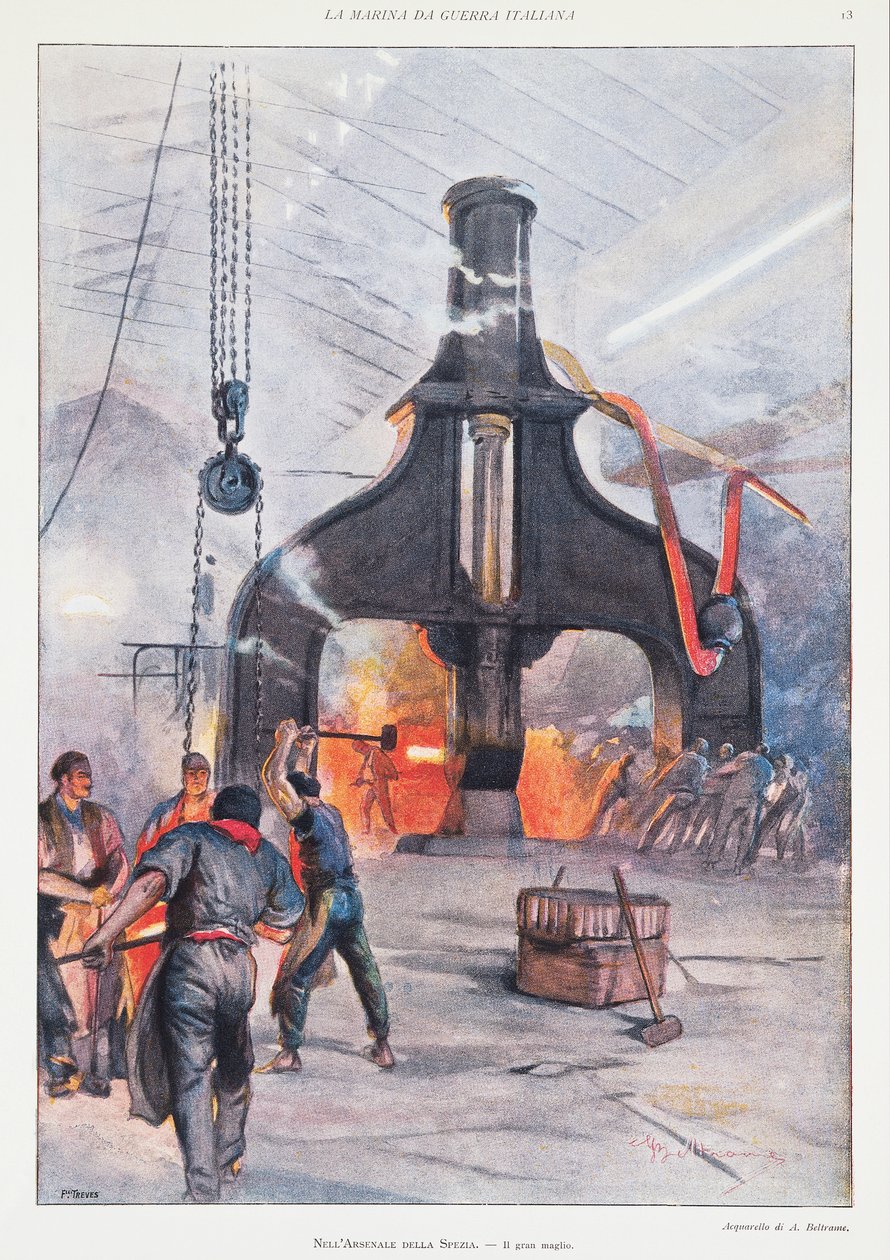 Jättehammare vid arsenal i La Spezia, av Achille Beltrame, illustration, illustratör Achille Beltrame (1871-1945), från La Domenica del Corriere av Achille Beltrame