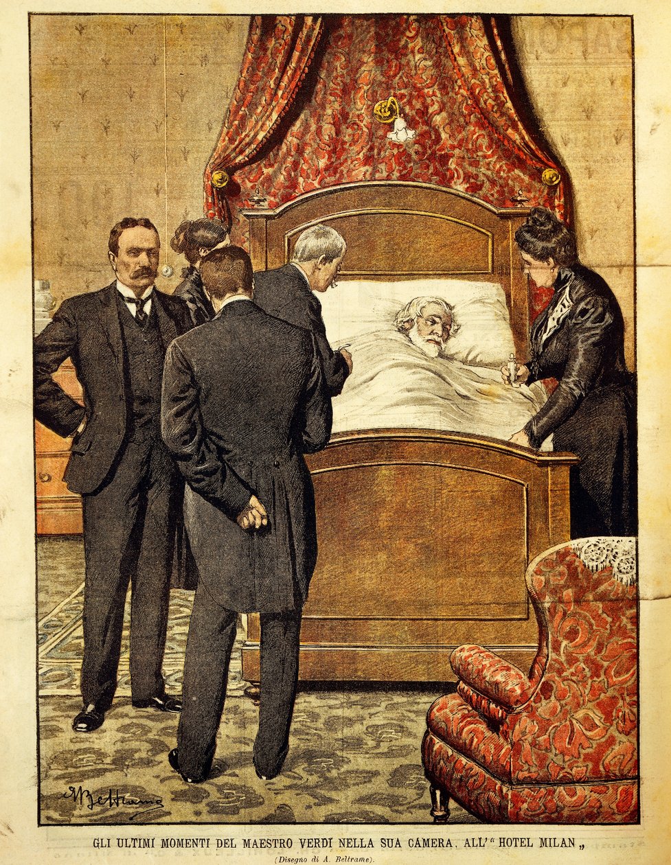 Giuseppe Verdi (1813-1901) döende, illustration av Achille Beltrame (1871-1945). Italien, 1900-talet. av Achille Beltrame