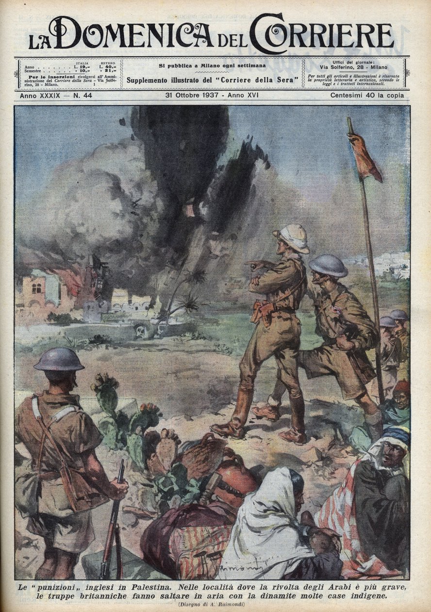 Stora arabiska revolten 1936-1939 i Palestina proxy: palestinska arabers uppror för skapandet av en oberoende stat i Palestina mandat riktat mot den brittiska myndigheten. Engelsmännen sprängde palestinska hem. Illustration av Achille Beltram av Achille Beltrame