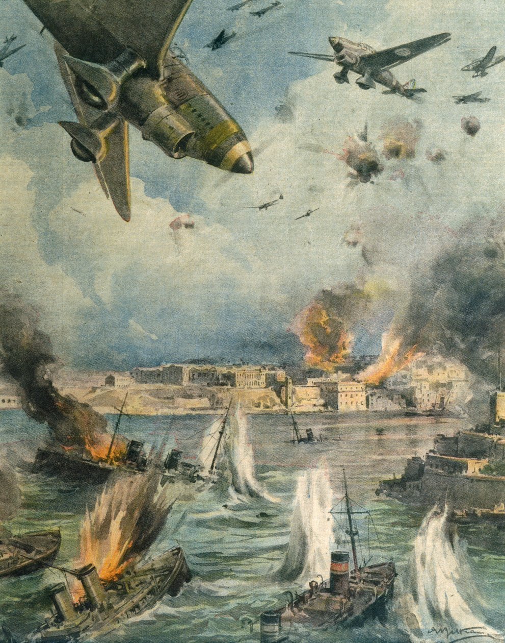 Great Axis flygoffensiv över Malta, av Achille Beltrame, illustration, illustratör Achille Beltrame (1871-1945), från La Domenica del Corriere, 25 januari 1942 av Achille Beltrame