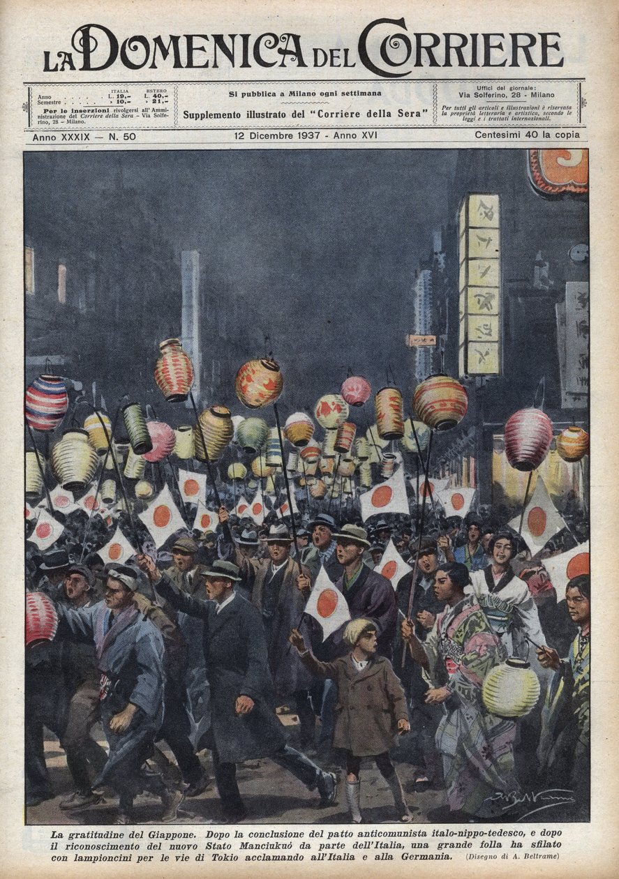 Stor förorening av Tokyoinvånare för att hylla Italien och Tyskland efter erkännandet av den nya staten Manchukuo (Manchukuo eller Manzhouguo) Illustration av Achille Beltrame i "La domenica del corriere""" av 1937-12-12 av Achille Beltrame