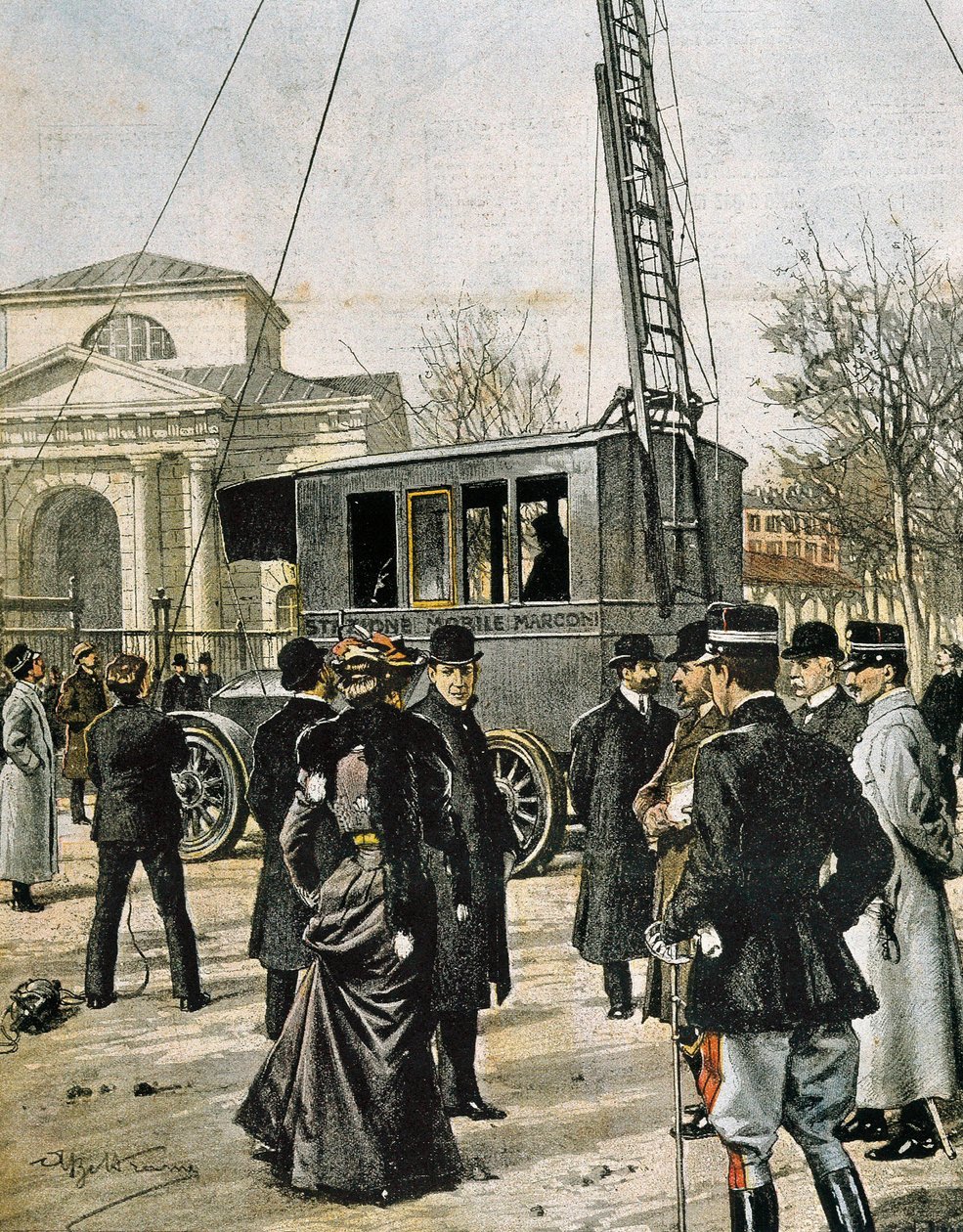 Guglielmo Marconi assisterar i Milano för att testa den första Stazione Radio Mobile. Illustration av Achille Beltrame för "Domenica del Corriere"" (1906). Gravyr. av Achille Beltrame
