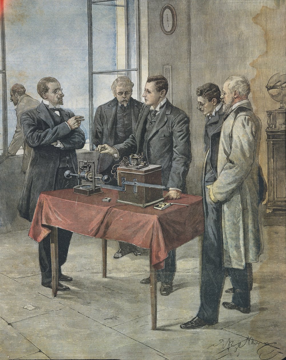 Guglielmo Marconi testar den trådlösa telegrafin över Engelska kanalen. Illustration av Achille Beltrame på den italienska tidningen "La Domenica del Corriere", 22 april av Achille Beltrame