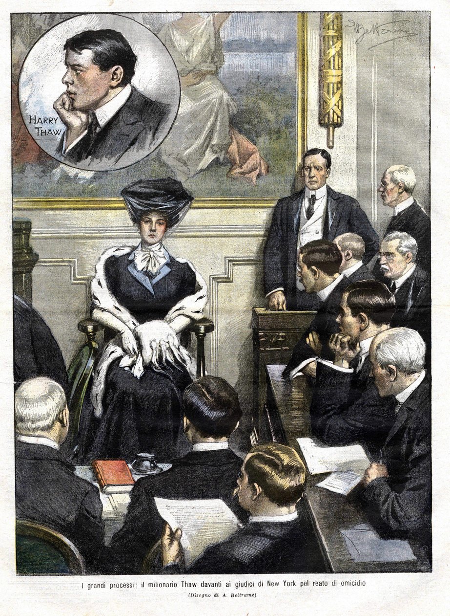 Harry Thaws rättegång i New York 1907. Harry Thaw, son till en familj av grossistindustriister, slaktade 1906 arkitekten Stanford White, ex-älskare till sin fru Evelyn. omslag till domenica del corriere den 3 mars 1907 illustration av Achille Beltra av Achille Beltrame