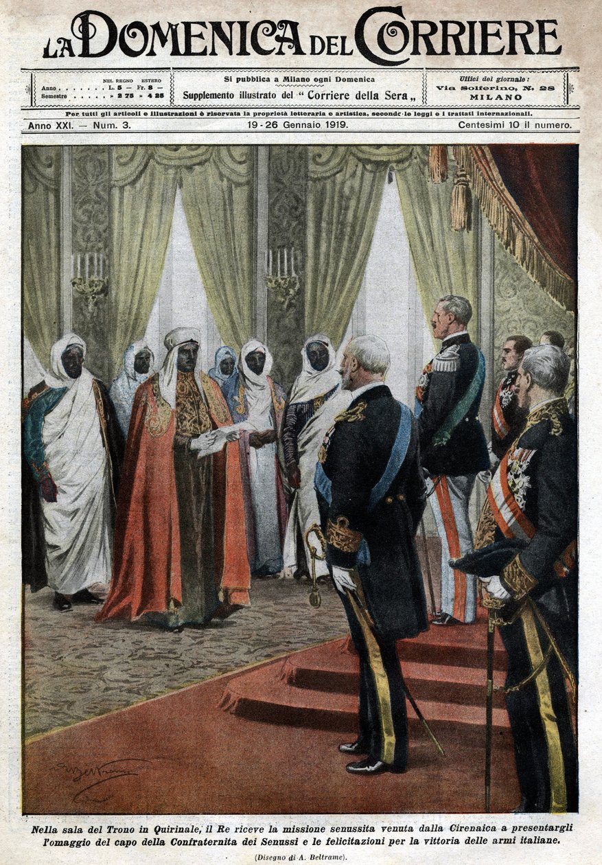 I tronsalen vid Quirinale-palatset tog den italienske kungen Victor Emmanuel III (Victor Emmanuel) (Vittorio Emanuele) emot det senousistiska uppdraget från Cyrenaique (i Libyen) som kom för att hylla och gratulera den italienska troens seger av Achille Beltrame