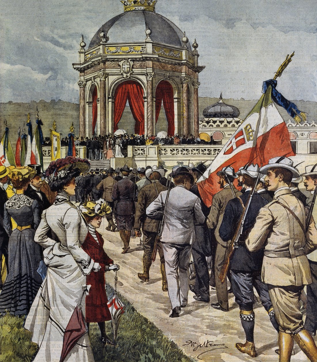 Invigning av IV-skyttetävling vid Farnesina polygon, Rom, Italien, illustration av Achille Beltrame från La Domenica del Corriere, 25 maj av Achille Beltrame
