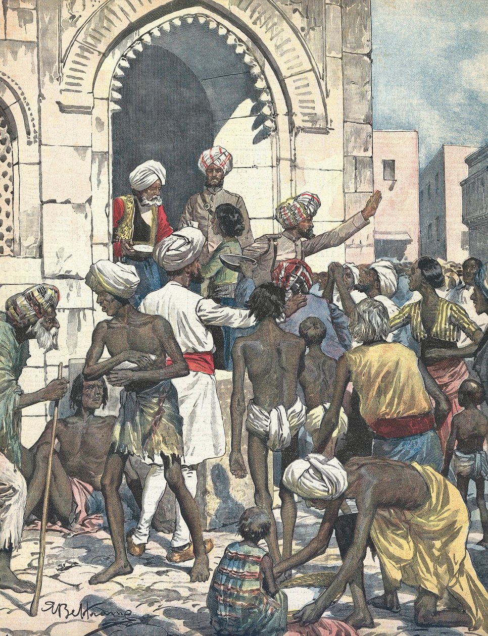 Indien. Torka orsakar epidemier. Matdistribution. Illustrerad av Antonio Beltrame. "La domenica del Corriere"". 26 februari av Achille Beltrame