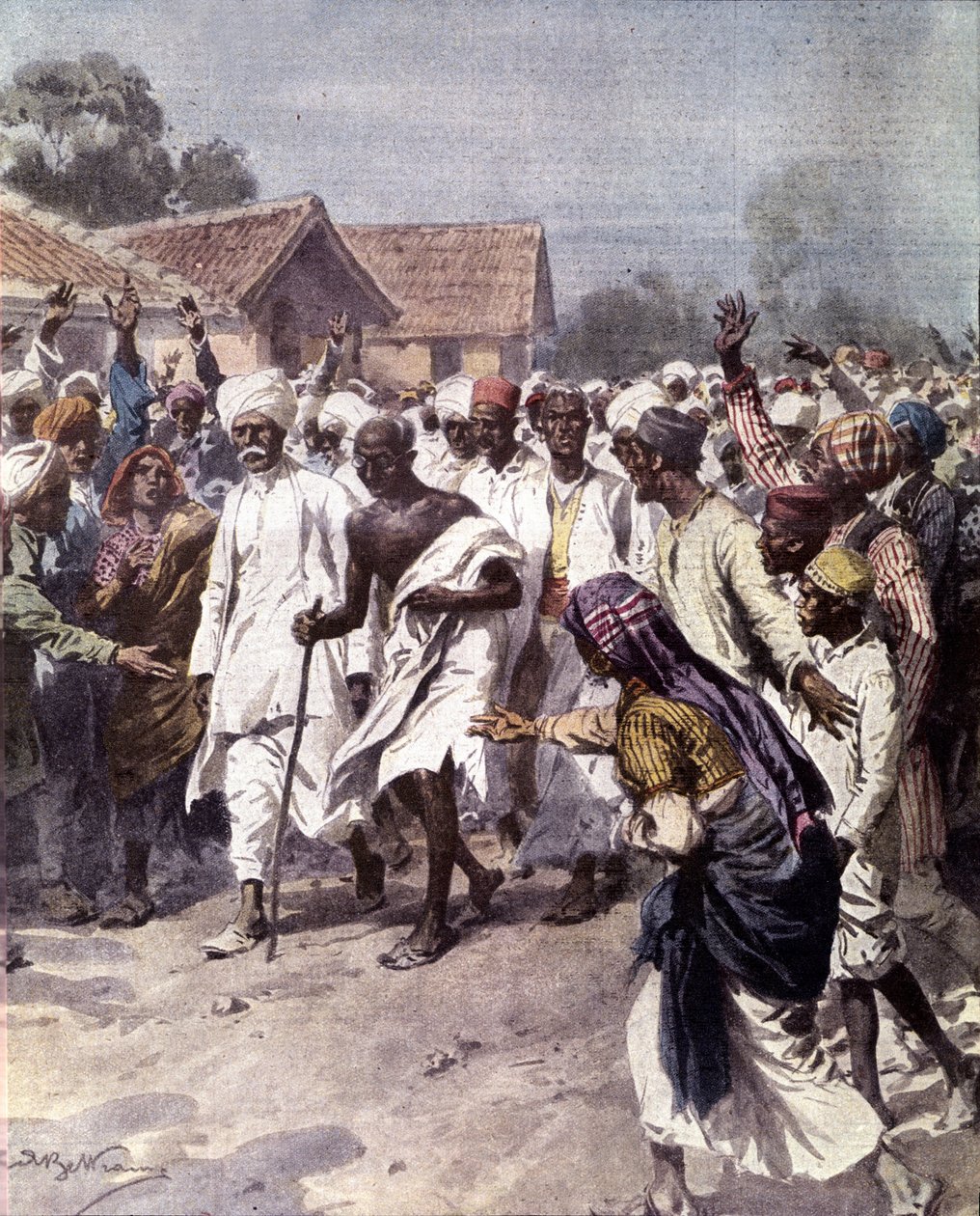 Den indiske politiska ledaren och andliga vägledaren Mohandas Karamchand Gandhi (1869-1948) (Mahatma) började den 12/03/1930 en saltmarsch för att få Indiens självständighet från britterna. Illustration av Achille Beltrame från "La domenica del Corriere""  av Achille Beltrame