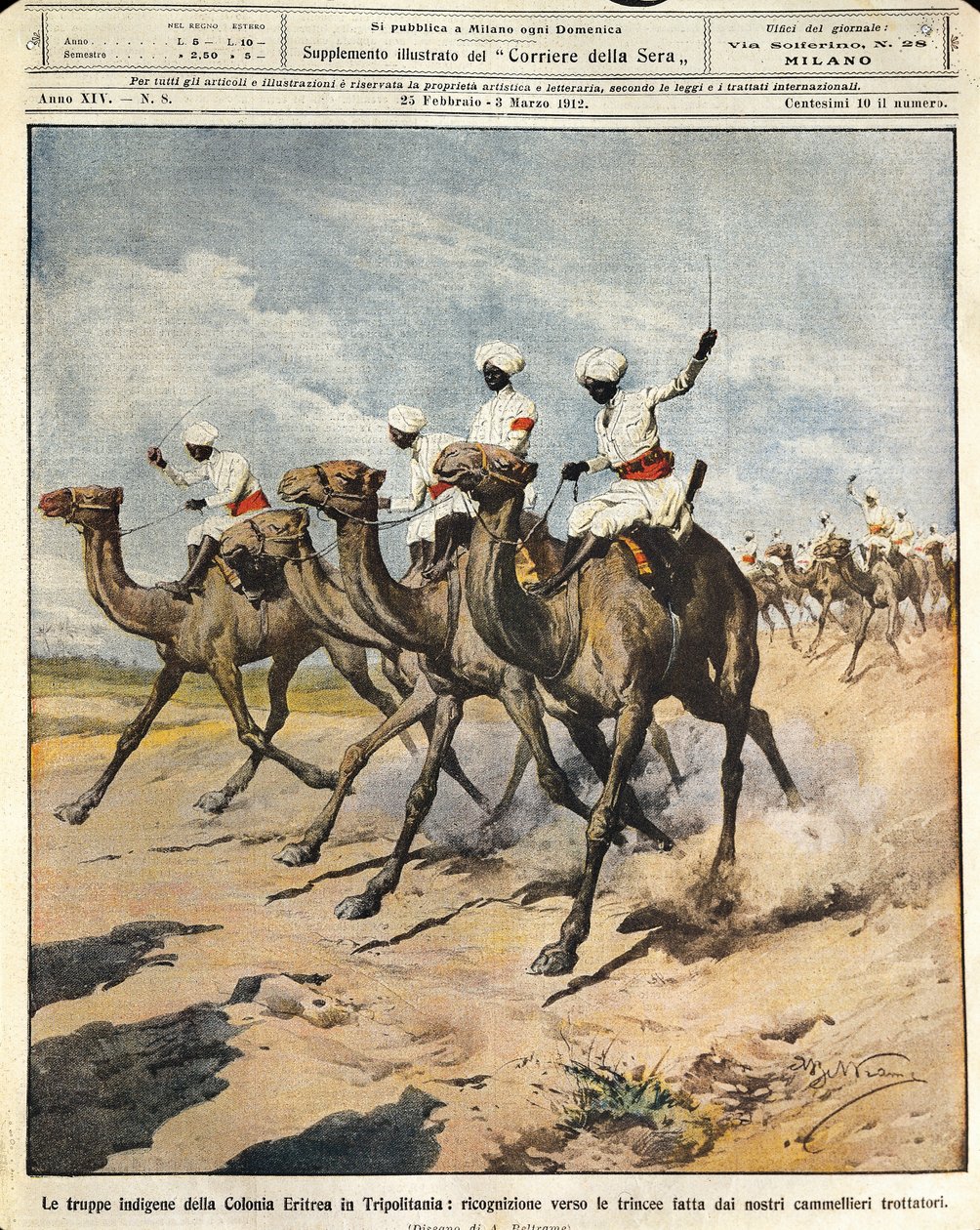 Inhemska trupper från den eritreanska kolonin i Tripolitanien, illustratören Achille Beltrame (1871-1945), från La Domenica del Corriere, 25 februari 1912 av Achille Beltrame