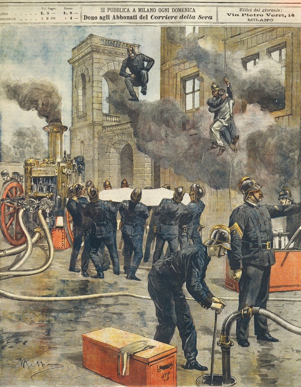 Italienska brandmännens kongress och demonstration på Arena i Milano, av Achille Beltrame (1871-1945), från La Domenica del Corriere, 24 september 1899 av Achille Beltrame