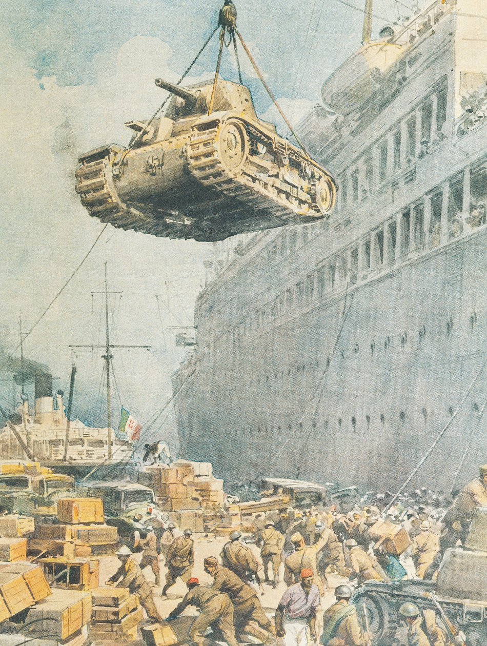 Italiensk konvoj anländer till sin destination i Libyen, av Achille Beltrame, illustration, illustratör Achille Beltrame (1871-1945), från La Domenica del Corriere av Achille Beltrame